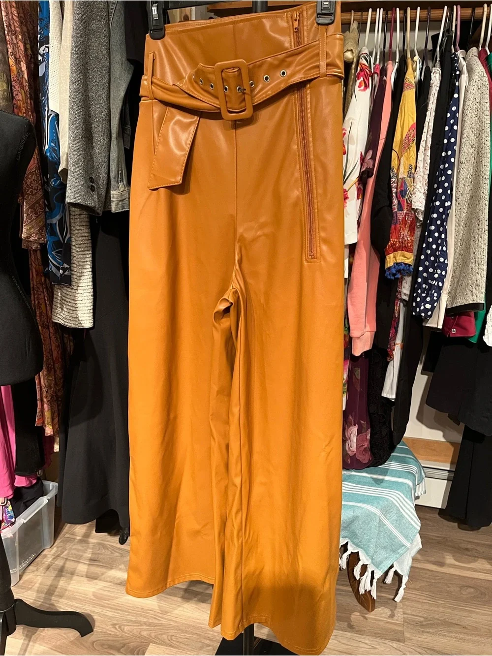 High-Waist Faux Leather Wide-Leg Pants with Belt - Tan